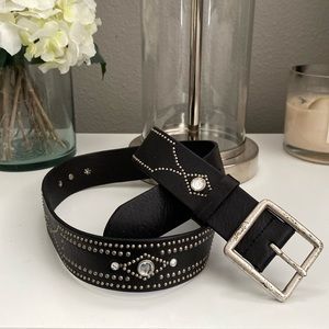 Vintage 90s Italian leather Western Studded laser perf Rhinestone Bling belt